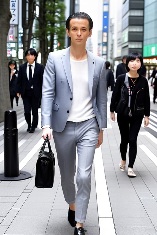  european man of 30, groomed, fresh, in modern clothes, walks in front of tokyo