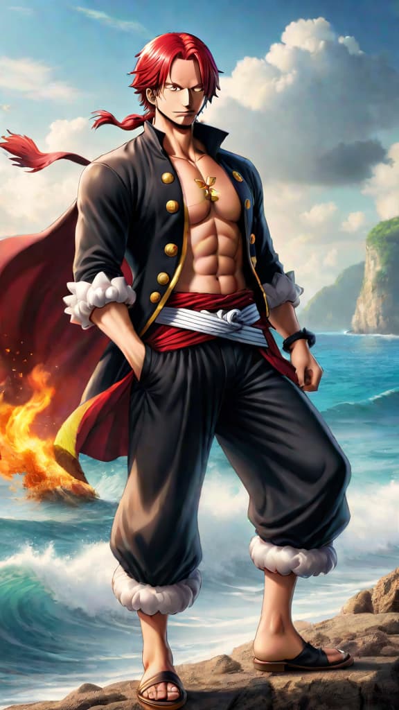  anime art: shanks from one piece contemplating the secret of the red haired pirates' strength without devil fruits. hyperrealistic, full body, detailed clothing, highly detailed, cinematic lighting, stunningly beautiful, intricate, sharp focus, f/1. 8, 85mm, (centered image composition), (professionally color graded), ((bright soft diffused light)), volumetric fog, trending on instagram, trending on tumblr, HDR 4K, 8K