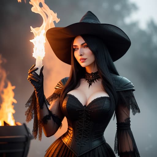  beautiful witch with long black hair casting a spell standing with her hands held aloft above a bubbling cauldron, her face illuminated by the glow of the fire. good skin, clear eyes, smart hair, soft focus, depth of field, 8k photo, hdr, professional lighting, taken with canon eos r5, 75mm lens, low angle shot hyperrealistic, full body, detailed clothing, highly detailed, cinematic lighting, stunningly beautiful, intricate, sharp focus, f/1. 8, 85mm, (centered image composition), (professionally color graded), ((bright soft diffused light)), volumetric fog, trending on instagram, trending on tumblr, HDR 4K, 8K