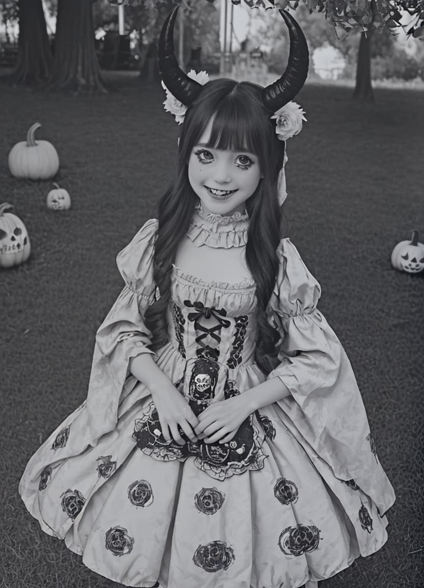  best quality, hd, coloring book page a little monster girl with adorable horns and a shy smile, playing in a park full of smiling pumpkins and flowers with skulls. her dress has gothic details. the atmosphere is creepy but charming. kawaii style all with well defined lines and a creepy but sweet touch.