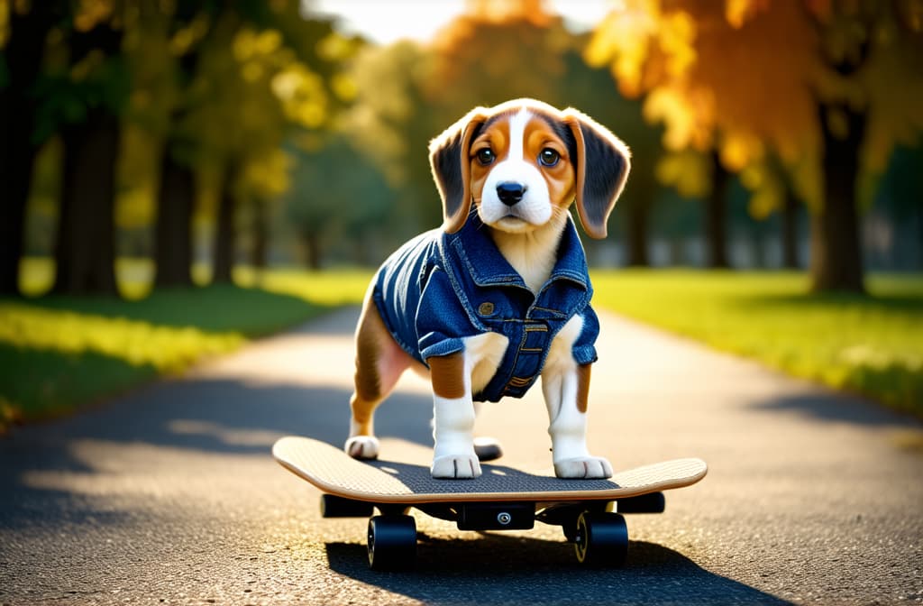  epic realistic, hyperdetailed, (cycles render:1.3), caustics, (glossy:0.58), (artstation:0.82),a beagle puppy stands on four paws on a platform skateboard on an asphalt path in an autumn park in a denim sleeveless jacket