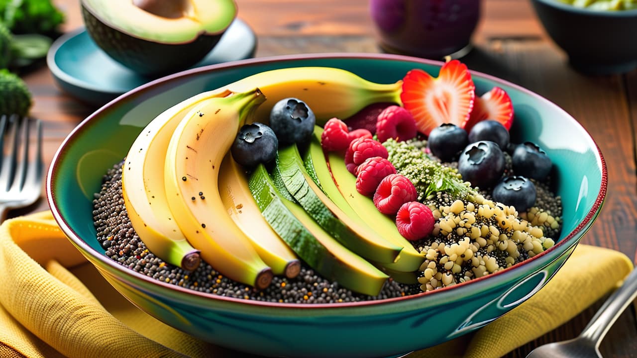  a vibrant breakfast bowl with smoothie, topped with sliced bananas, chia seeds, and berries, a colorful lunch wrap filled with fresh veggies and hummus, and a hearty dinner plate of quinoa, roasted vegetables, and avocado. hyperrealistic, full body, detailed clothing, highly detailed, cinematic lighting, stunningly beautiful, intricate, sharp focus, f/1. 8, 85mm, (centered image composition), (professionally color graded), ((bright soft diffused light)), volumetric fog, trending on instagram, trending on tumblr, HDR 4K, 8K