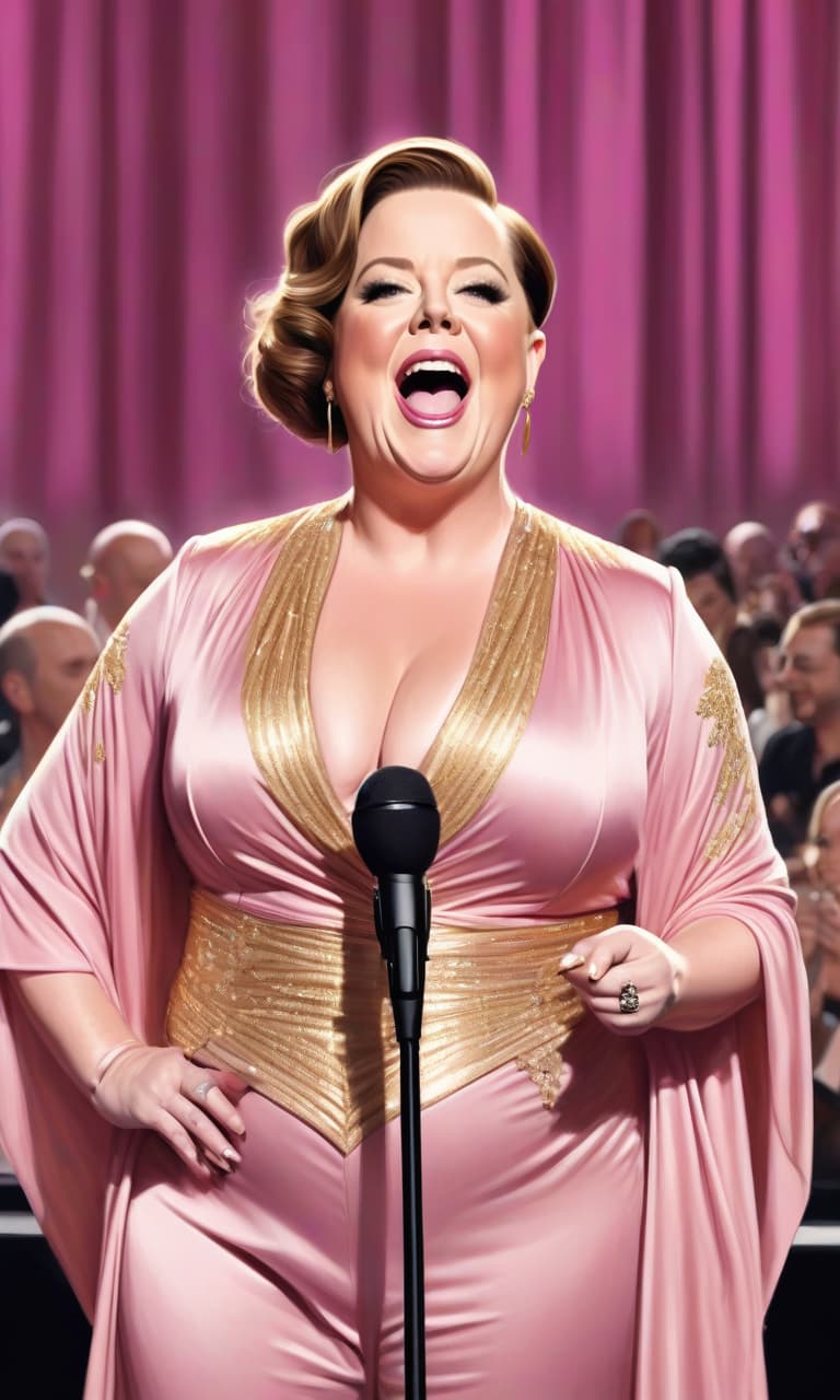  concept art pink, gold, black, white onstage bald melissa mccarthy with a microphone . digital artwork, illustrative, painterly, matte painting, highly detailed, perfect hands