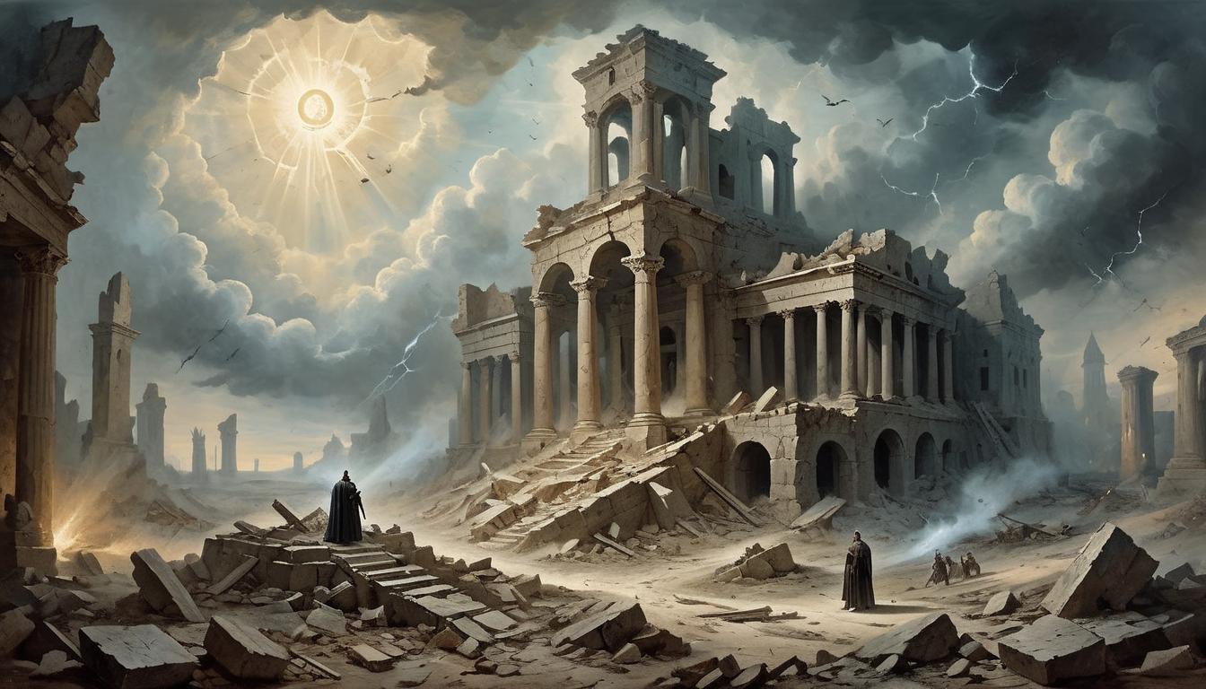  on parchment, surrealism+++, a shattered battlefield, divine light breaking through clouds, fallen figures amidst ruins, overwhelmed by holy power, evocative of ethereal victory, celestial dominance(mysterious, provocative, symbolic,muted color)+++