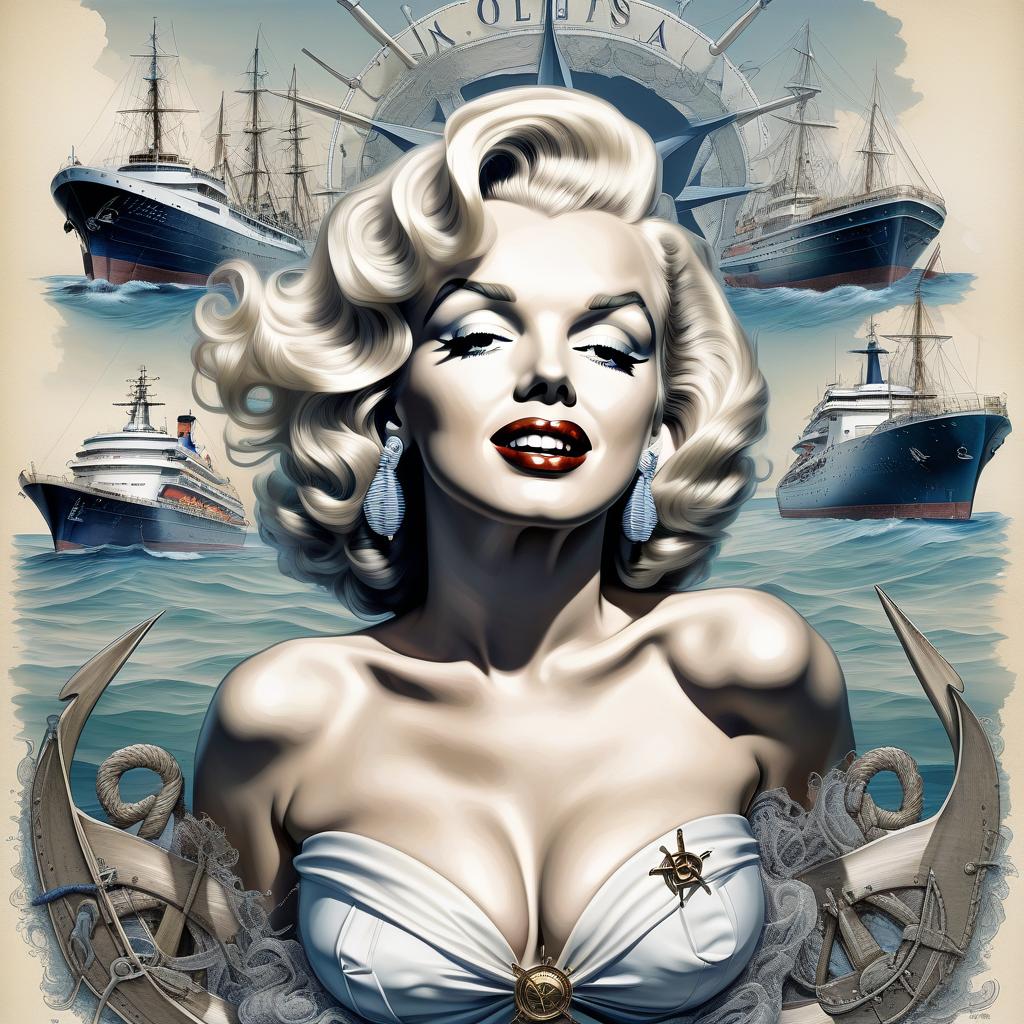  nautical themed marilyn monroe . sea, ocean, ships, maritime, beach, marine life, highly detailed