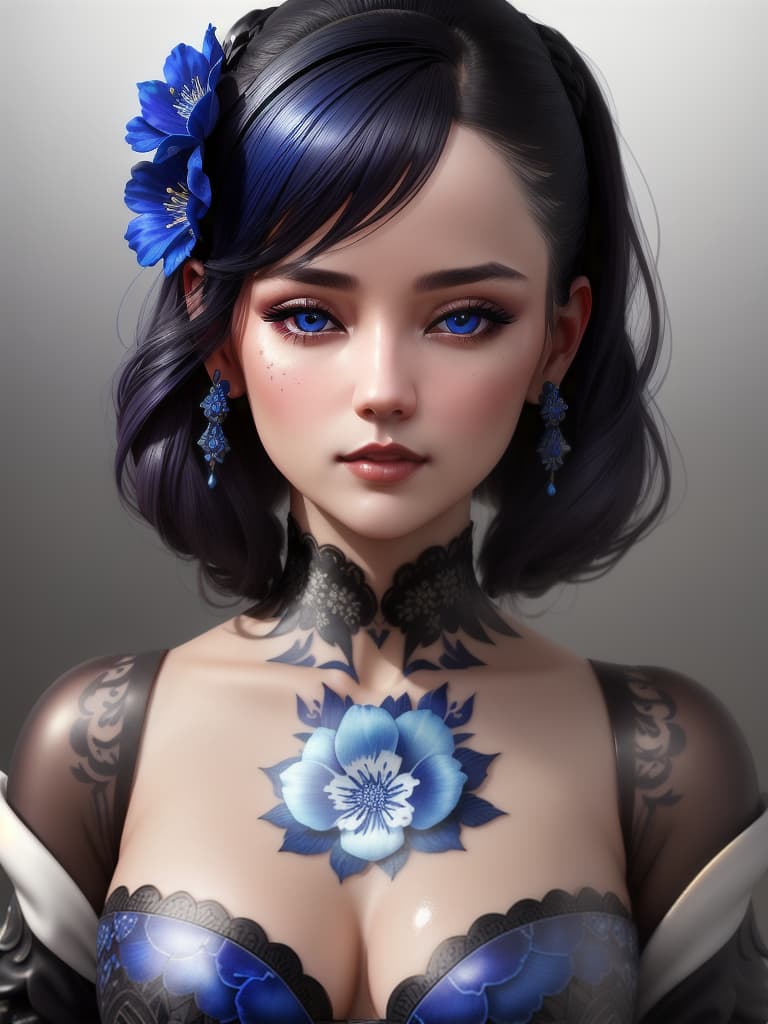  Close-up porcelain female figurine, looking to the camera, glossy surface, glaze, shiny, blue floral tattoos on her, dark gradient background, baroque dark style, hyperrealistic, CG society, intricate details