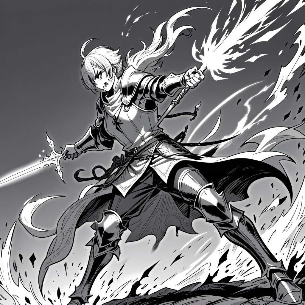  manga artwork fantasy, greyscale monochrome, manga materials, knight fighting mage, mage get pierced by the spear of the knight and start bleeding, mage unleashing the firebolt in the face of a knight fullsize body view, legs. manga artist. manga, highly emotional. best quality, high resolution