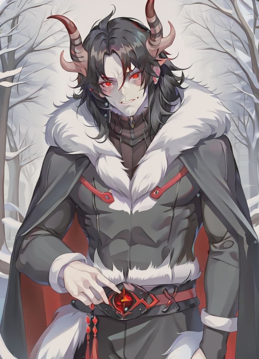  man demon, red horns, red eyes, black long hair, winter clothes