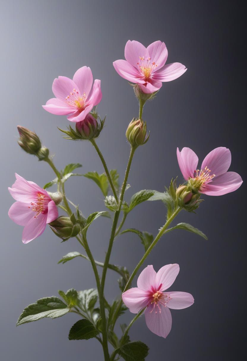  a pink wildflower is photographed on a black background, the flowers have six petals and no leaves, the flowers are visible in full bloom, they form an elegant flower chain of five or three flowers on one stem, studio shooting in the style of professional color correction, soft shadows, clean sharp focus, no contrast, no grainy textures, natural lighting, a high resolution image highlighted on a white background., hkmagic hyperrealistic, full body, detailed clothing, highly detailed, cinematic lighting, stunningly beautiful, intricate, sharp focus, f/1. 8, 85mm, (centered image composition), (professionally color graded), ((bright soft diffused light)), volumetric fog, trending on instagram, trending on tumblr, HDR 4K, 8K