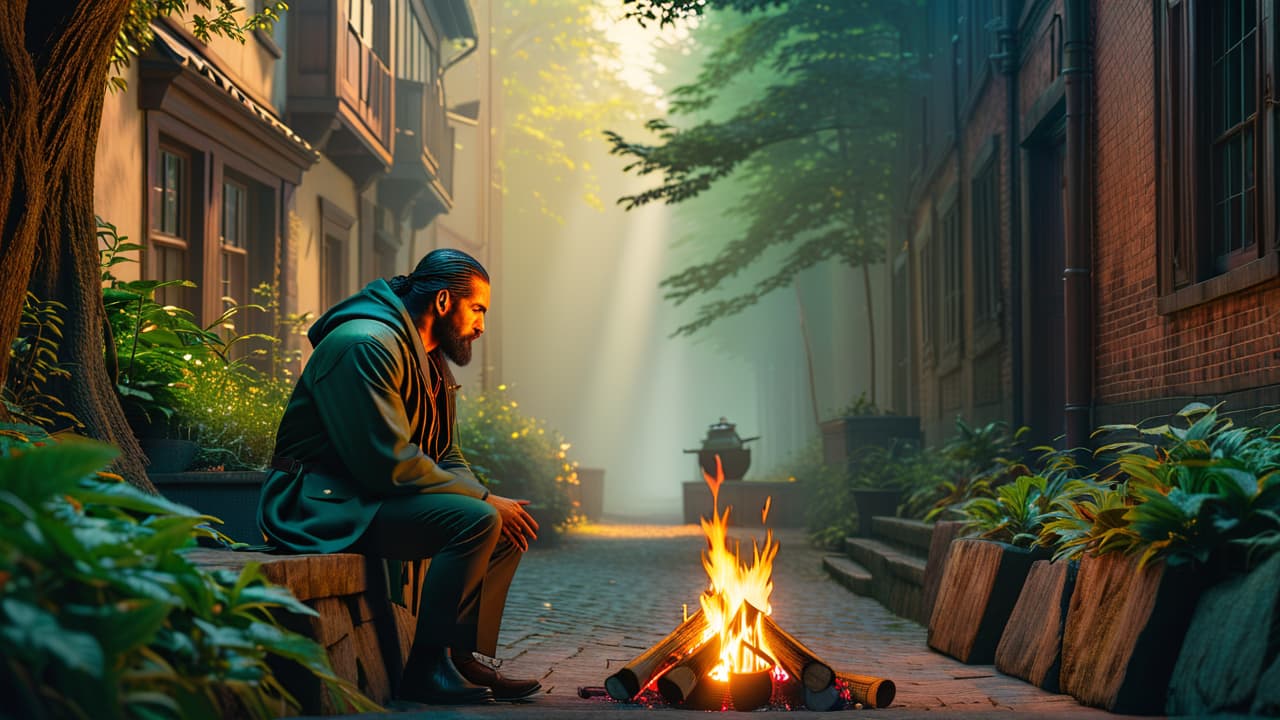  a split scene: one side shows a shadowy figure whispering a tale in an urban alley, while the other side depicts an ancient storyteller by a campfire, surrounded by mystical forest creatures. hyperrealistic, full body, detailed clothing, highly detailed, cinematic lighting, stunningly beautiful, intricate, sharp focus, f/1. 8, 85mm, (centered image composition), (professionally color graded), ((bright soft diffused light)), volumetric fog, trending on instagram, trending on tumblr, HDR 4K, 8K