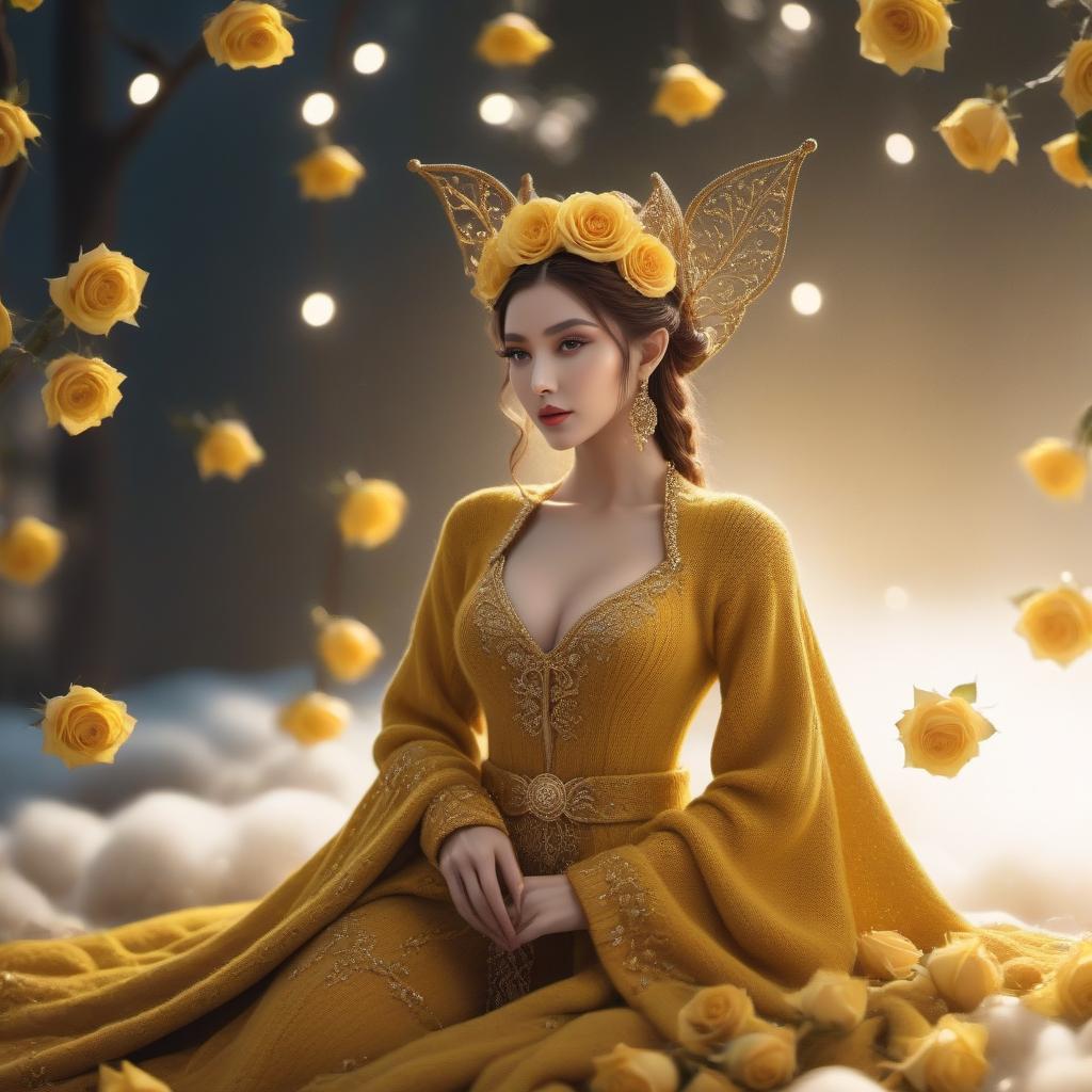  Elf knitted from wool, yellow roses, gold brocade background, realistic color photo hyperrealistic, full body, detailed clothing, highly detailed, cinematic lighting, stunningly beautiful, intricate, sharp focus, f/1. 8, 85mm, (centered image composition), (professionally color graded), ((bright soft diffused light)), volumetric fog, trending on instagram, trending on tumblr, HDR 4K, 8K