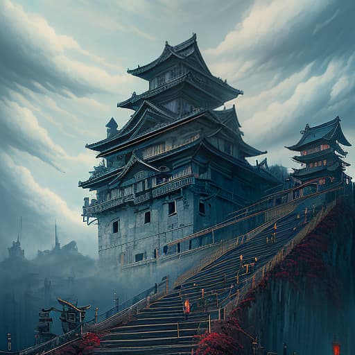  landscape, in the distance, a japanese castle to which 6 narrow stairs lead from different sides, which stands on a clockwork mechanism, a large gear, everywhere clouds, steam, cloudy weather, steampunk, blue sky, dark , creepy , blood , monsters , by jason engle , carlos huante , charlie bowater , simon lee , brom