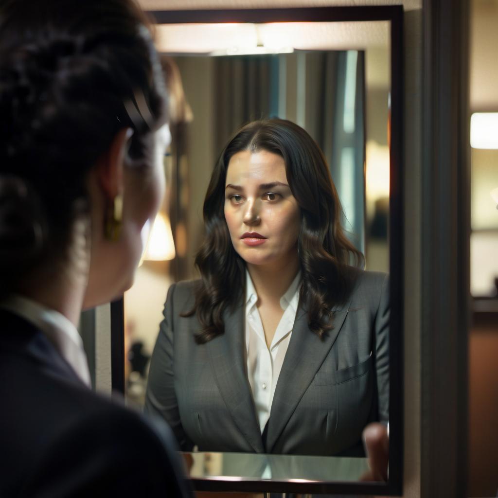  cinematic film still a large, dark haired woman in a suit looks in the mirror. but in the reflection he sees his worst copy. . shallow depth of field, vignette, highly detailed, high budget, bokeh, cinemascope, moody, epic, gorgeous, film grain, grainy, film photography style