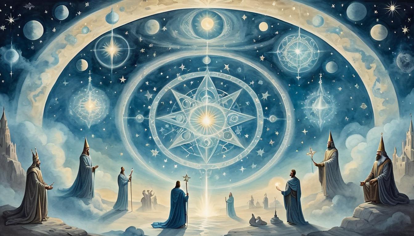  on parchment, surrealism+++, celestial beings hovering above, protective auras, stars gleaming in the background, serene, ethereal(mysterious, provocative, symbolic,muted color)+++