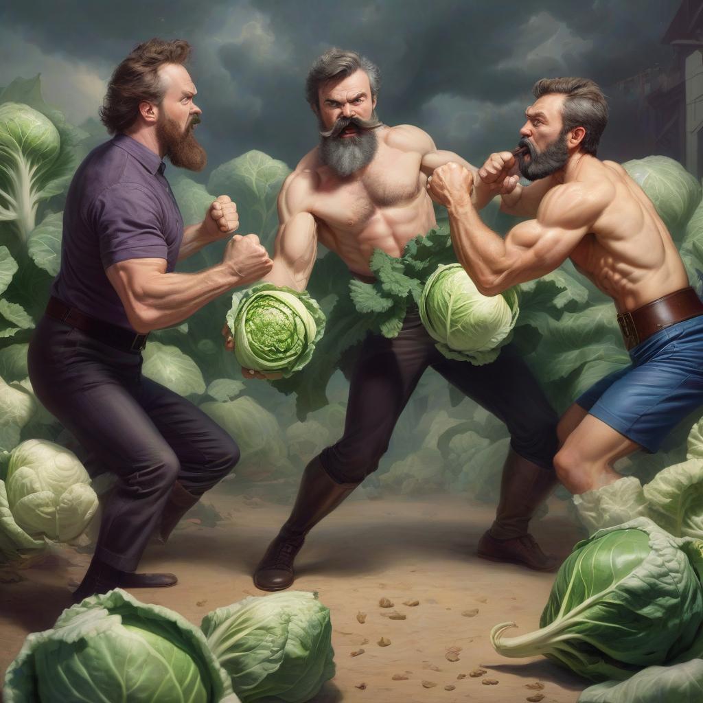  mustache and bearded man fight on fists against cabbage king