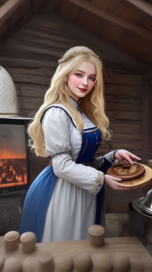  masterpiece, the best quality, a russian plump woman in traditional clothes takes pies from a stone stove.very light smile, tense, piercing eyes, blue eyes, flowing blond hair, dressed in a traditional russian outfit, cooks in the open air, inside a wooden castle, against the background of an ancient russian throne room in a wooden castle, cartoonish style, sweet,