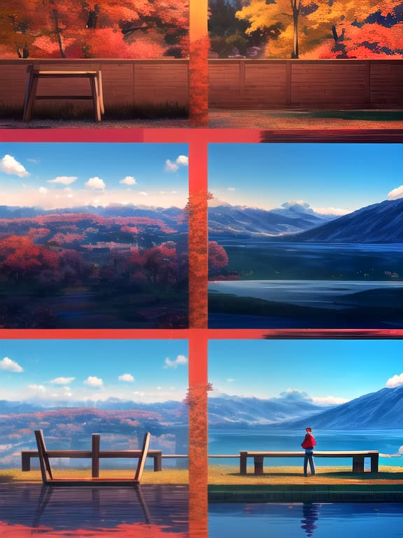  master piece, best quality, ultra detailed, highres, 4k.8k, young , admiring the scenery, serene, break masterpiece, , red and blue, summer and autumn, two screens, symmetrical, split scene of summer and autumn landscapes, red and blue flowers, falling leaves, old fashioned easel, paintbrushes, break tranquil, symmetrical composition, warm and cool color palette,