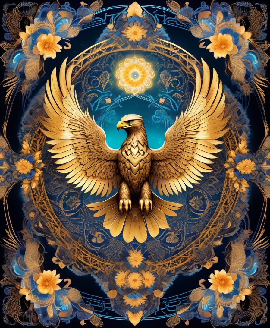  art nouveau style masterpiece, hdr 8k, digital image. conceptual art. (a bird of prey, the golden eagle, soars in the sky, spreading its wings, stalking prey), appearing in ancient russian ethnic ornaments that make up a symmetrical mandala consisting of an endless forest, a wide flowing river and majestic mountains, the mandala is decorated with a fantastic ice pattern). abstract elements: stones, tree leaves, flowers. the effect of dissolving the natural shades of fur in sky waves. filigree finishes, mysterious neon glowing accents, intricate. stylization. neo rococo style. stylish, dynamic, atmospheric. background dissolving abstract patterns in the space:: vignetting:: complex ethnic ornament. mystery, fantasy surrealism. high detail.