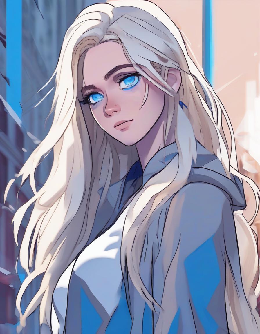  a girl with superpower, lets the cold out of her palm, stands half turn, white long loose hair, modern clothes, bright blue eyes