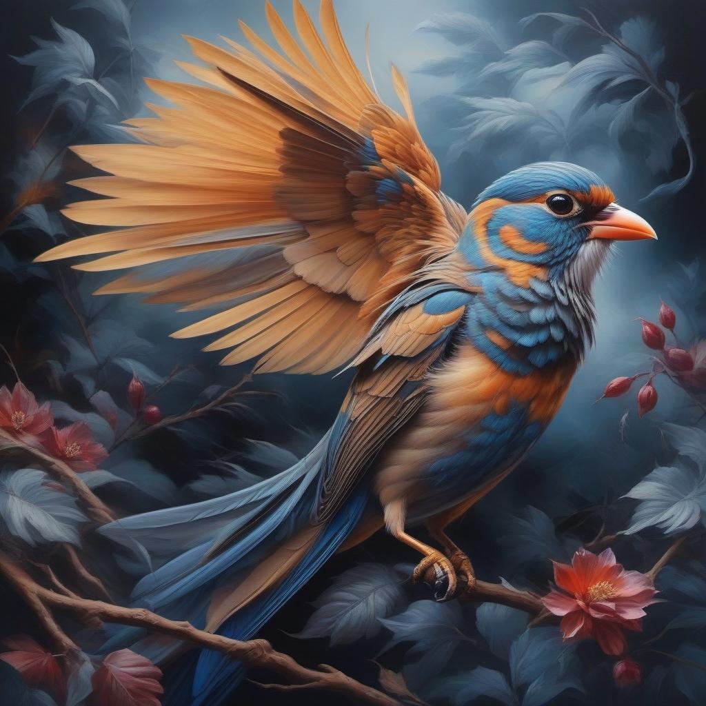  Beautiful birds, abstract oil painting with philosophical overtones "wisdom of eternity" hyperrealistic, full body, detailed clothing, highly detailed, cinematic lighting, stunningly beautiful, intricate, sharp focus, f/1. 8, 85mm, (centered image composition), (professionally color graded), ((bright soft diffused light)), volumetric fog, trending on instagram, trending on tumblr, HDR 4K, 8K