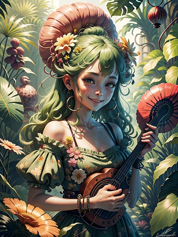  master piece, best quality, ultra detailed, highres, 4k.8k, age with a floral hairpin., facing and smiling at the viewer., happy, break a and a giant rafflesia., tropical jungle, floral hairpin, green , break lush and vint, vivid colors, tropical ambiance, creature00d