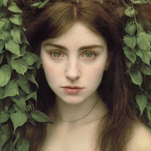 analog style Highly detailed moody dark, masterful portrait of a breathtakingly lovely, wild Witchling nymph surrounded by trailing ivy painted by John William Waterhouse and Rembrandt. She has a beguiling face and is looking down directly at the viewer. Her eyes are breathtakingly lovely and engaging. She has long, wild, unkempt dark hair. Gorgeous, highly detailed , ornate composition using the golden ratio.