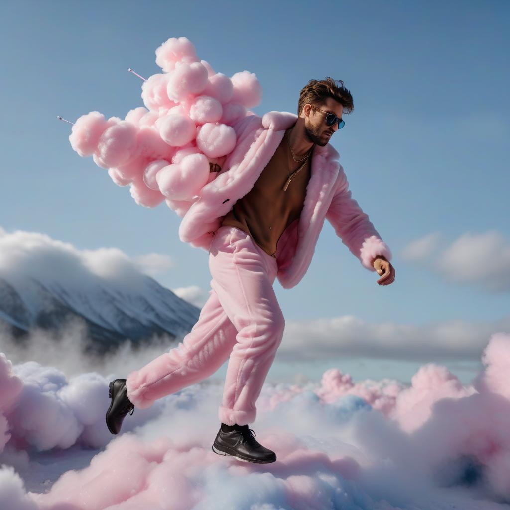  cinematic photo white man in fluffy pink fur coat runs across a cloud of sweet cotton candy . 35mm photograph, film, bokeh, professional, 4k, highly detailed, sticker hyperrealistic, full body, detailed clothing, highly detailed, cinematic lighting, stunningly beautiful, intricate, sharp focus, f/1. 8, 85mm, (centered image composition), (professionally color graded), ((bright soft diffused light)), volumetric fog, trending on instagram, trending on tumblr, HDR 4K, 8K