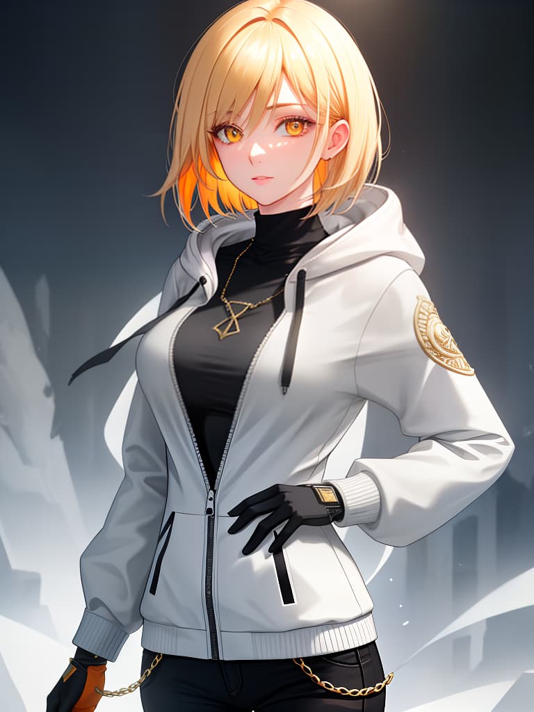  short bob, cool system, boyish, blonde, hoodie, upper body only, skinny pants, singer, orange eye, woman, delicate, black, masterpiece, best quality,8k,ultra detailed,high resolution,an extremely delicate and beautiful,hyper detail hyperrealistic, full body, detailed clothing, highly detailed, cinematic lighting, stunningly beautiful, intricate, sharp focus, f/1. 8, 85mm, (centered image composition), (professionally color graded), ((bright soft diffused light)), volumetric fog, trending on instagram, trending on tumblr, HDR 4K, 8K