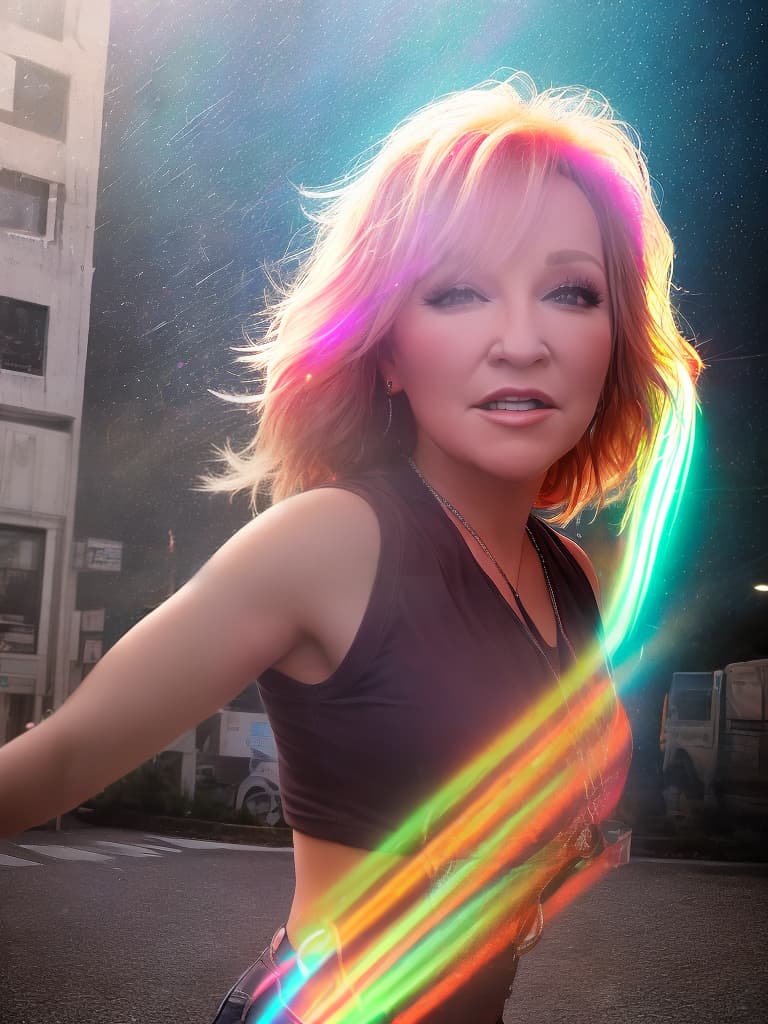  A younger country singer Tanya Tucker, medium shot, upper body, spotlight, long exposure lighting, street art style spray paint, glamour lighting