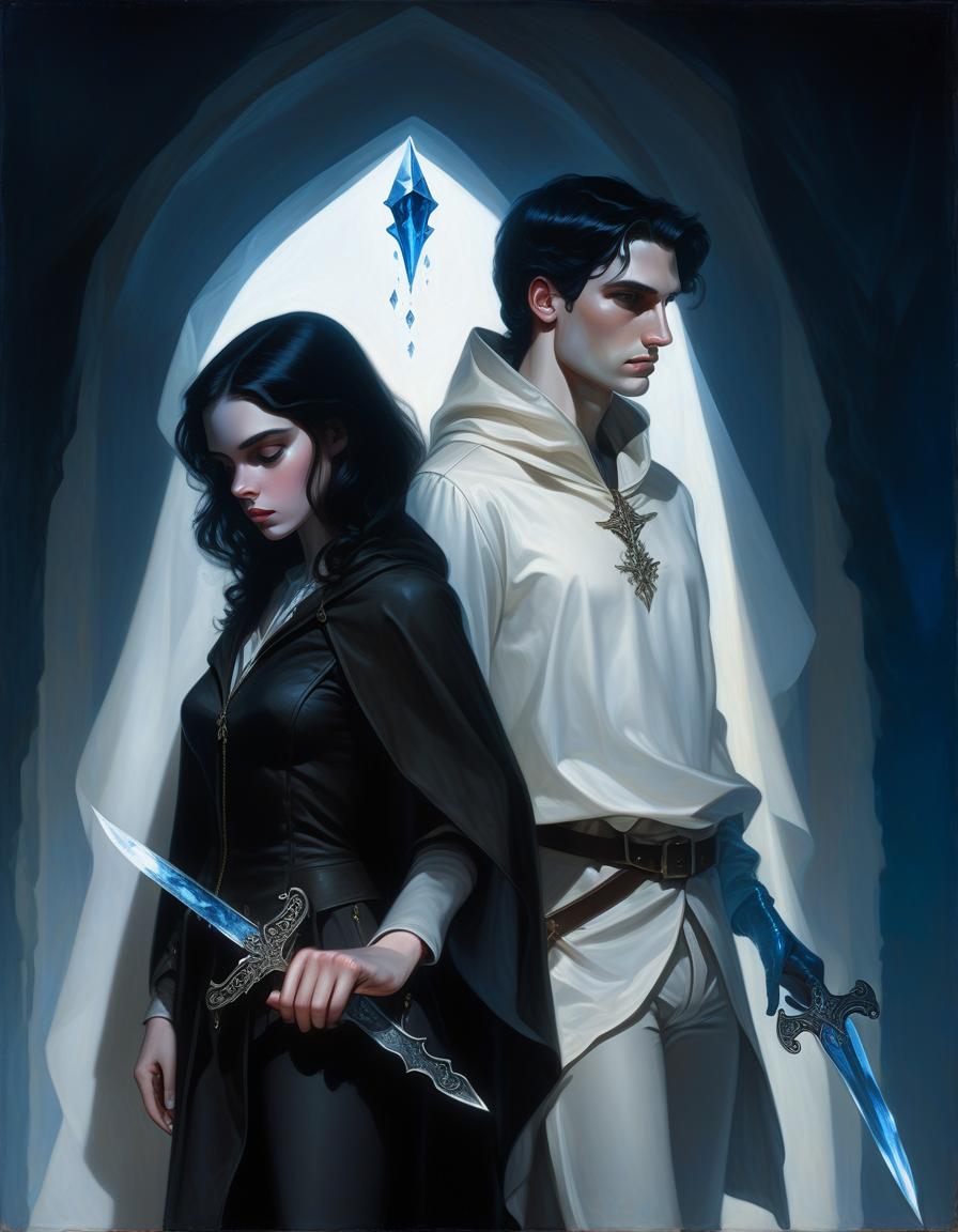  a girl and a man are standing in the center of the composition, back to back. the man is on the right, the girl is on the left. side view. the man is dressed in a white military dress uniform, the girl is dressed in black pants, a black shirt and a hooded cloak. the man has short black hair, the girl has long, slightly wavy black hair. the girl is holding a dagger in her left hand. the light falls from the upper right corner, the shadow of the man falls on the girl. the background is dark. a blue crystal glows on the girl's neck. fantasy. middle ages. pale skin, oil painting