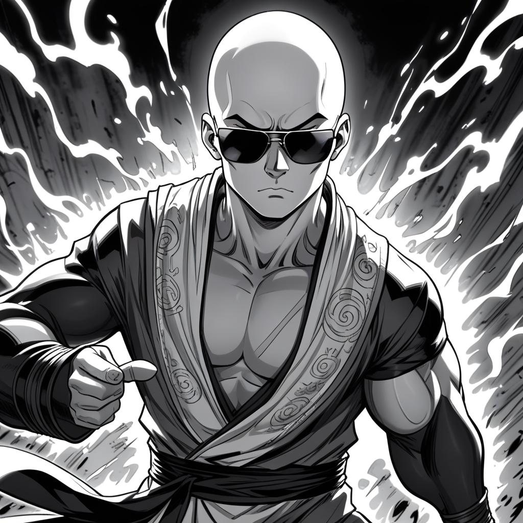  manga artwork a male young bald monk,he has johnny cage appearance,make him serious with some menacing aura around him,draw him manga style black and white during a impact frame,he wears sun glasses impact frames. manga artist. manga, highly emotional. best quality, high resolution