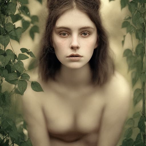 analog style Highly detailed moody dark, masterful portrait of a breathtakingly lovely, wild Witchling nymph surrounded by trailing ivy painted by John William Waterhouse and Rembrandt. She has a beguiling face and is looking down directly at the viewer. Her eyes are breathtakingly lovely and engaging. She has long, wild, unkempt dark hair. Gorgeous, highly detailed , ornate composition using the golden ratio.