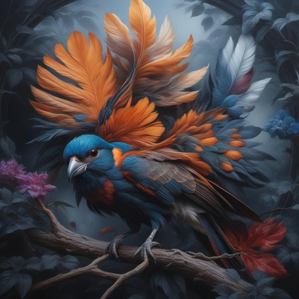  Beautiful birds, abstract oil painting with philosophical overtones "the passage of time" hyperrealistic, full body, detailed clothing, highly detailed, cinematic lighting, stunningly beautiful, intricate, sharp focus, f/1. 8, 85mm, (centered image composition), (professionally color graded), ((bright soft diffused light)), volumetric fog, trending on instagram, trending on tumblr, HDR 4K, 8K