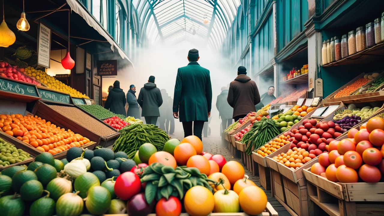  a vibrant market scene bustling with colorful fresh produce, exotic spices, and artisanal vegan dishes. a rainbow display of fruits, vegetables, and plant based meals, surrounded by happy people sampling and sharing food. hyperrealistic, full body, detailed clothing, highly detailed, cinematic lighting, stunningly beautiful, intricate, sharp focus, f/1. 8, 85mm, (centered image composition), (professionally color graded), ((bright soft diffused light)), volumetric fog, trending on instagram, trending on tumblr, HDR 4K, 8K