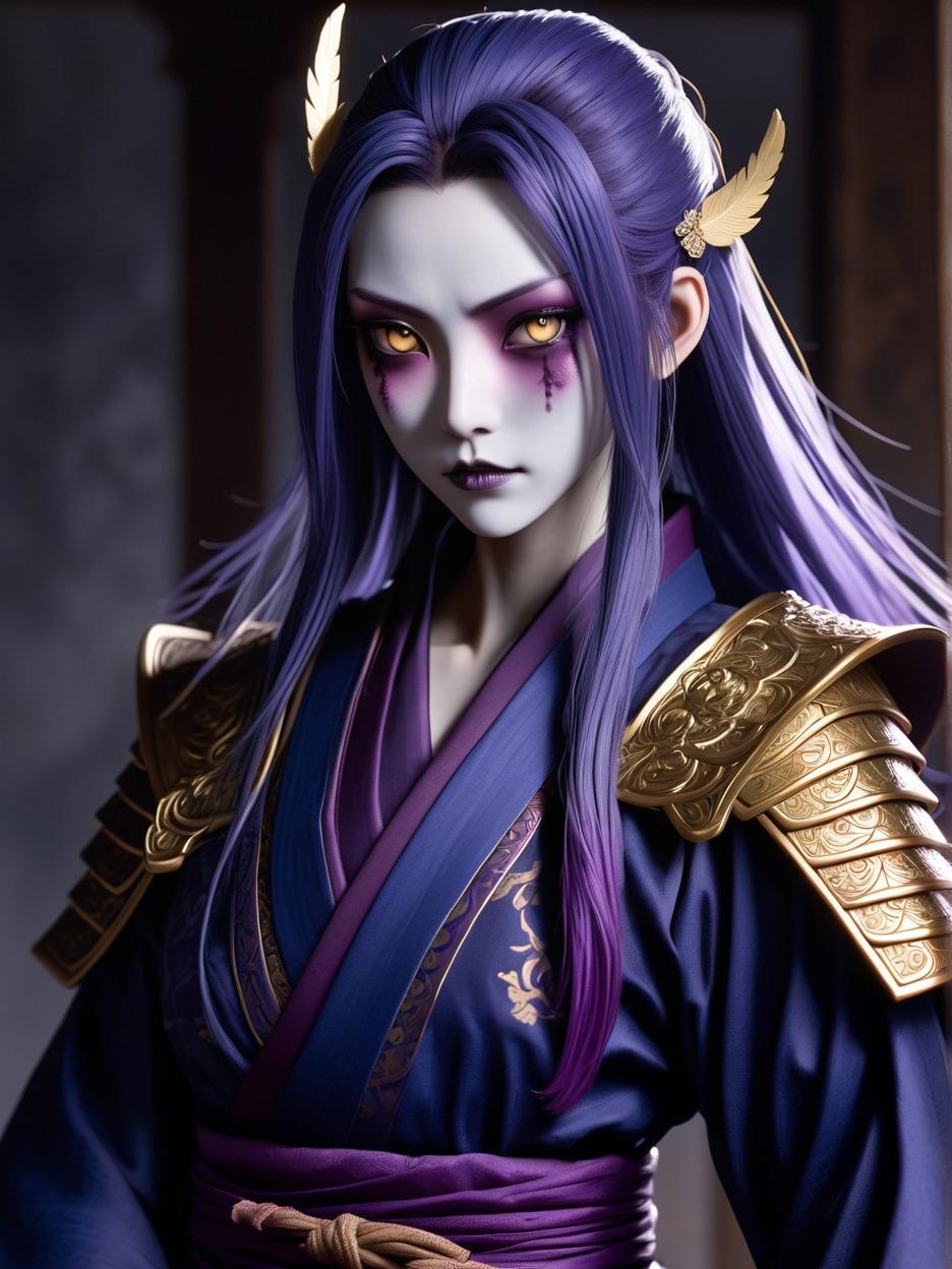  "a stylized, female undead samurai with a dark, mystical aura. the character has a pale, bluish complexion with a stern, gaunt face, suggesting an otherworldly nature. her glowing eyes add to her menacing appearance. long, straight purple hair cascades down, partially covering her face, giving her a gothic, enigmatic look. she wears a long, flowing robe that is dark blue with subtle purple and gold accents, featuring simple vertical lines from the shoulders to the hem, giving her a regal yet understated presence. a wide belt cinches her waist, with extra fabric hanging down to add a touch of grandeur. her shoulder armor is golden and intricately designed, with layered, sharp edges that resemble scales or feathers, enhancing her battle rea