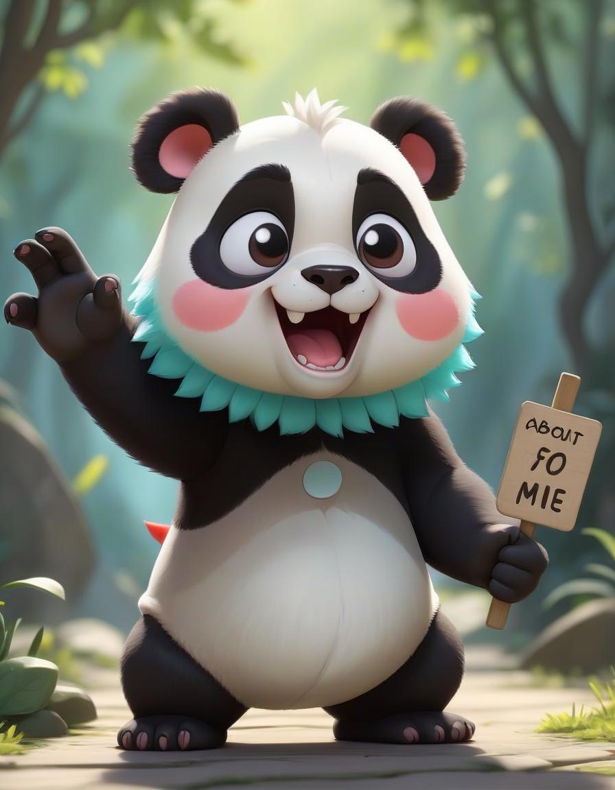  pokémon style a small cartoon panda with a slight smile points to a sign that says "about me" . vibrant, cute, anime, fantasy, reminiscent of pokémon series