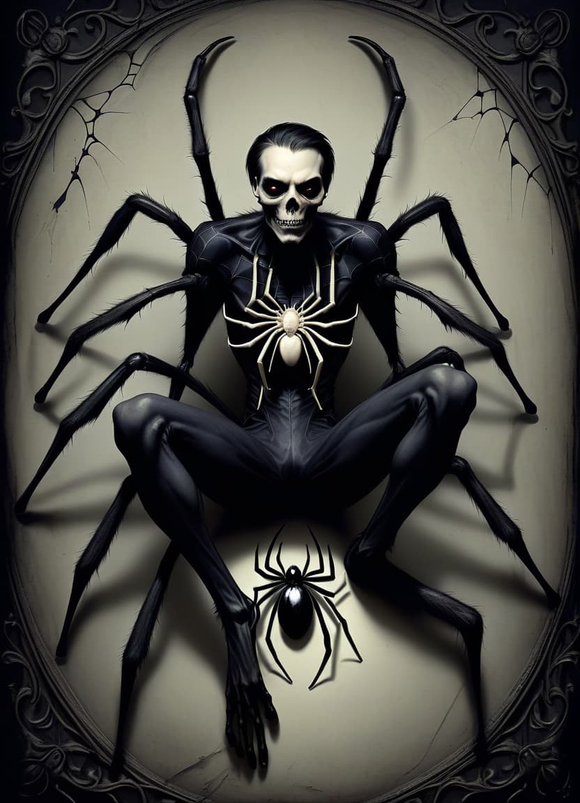  macabre style make him a man with the lower half of a spider's body . dark, gothic, grim, haunting, highly detailed