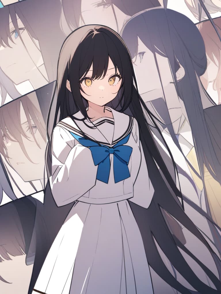  bangs blue bow blue neck wear blue long sleeve bow thai long sleeved neck wear sailor collar uniform sailor clear uniform white sailor collar white shirt black hair black hair blue eye oda ida hair hair redhead two tone hair yellow eye closed mouth camera a single woman standing outdoors alone blue bowtie colored herr strait n 1: 1 aspect ratio ai created sankaku ai high resolution file size tag wanted very high resolution