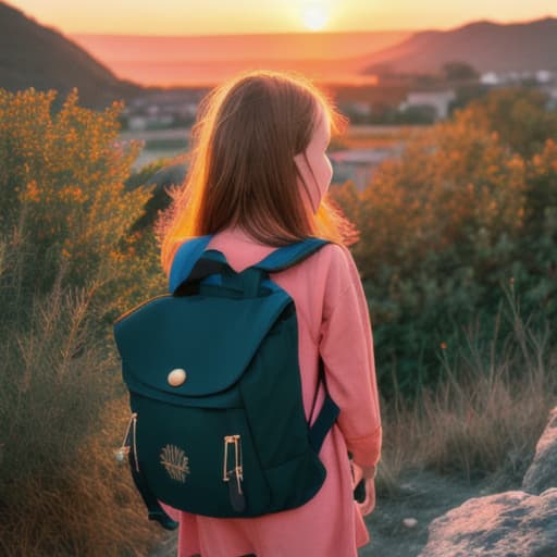  Girl with a backpack at sunset