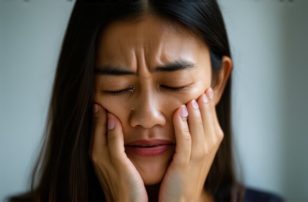  young sad asian woman crying with tears streaming down her cheeks. emotional breakdown, closed eyes and closed mouth ar 3:2, (natural skin texture), highly detailed face, depth of field, hyperrealism, soft light, muted colors