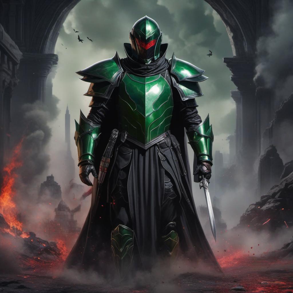  man in black and green armor hovering above the ground with blood on his face and armor, profile image style