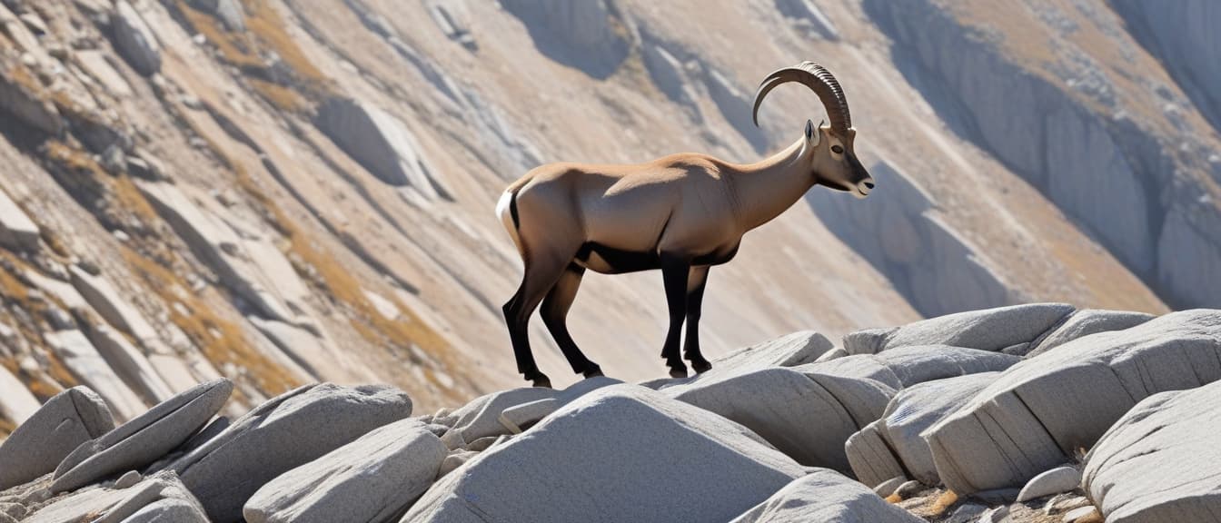  minimalism, an ibex staying on the rock in the mountains, abstract, simple geometic shapes, hard edges, sleek contours, minimalism