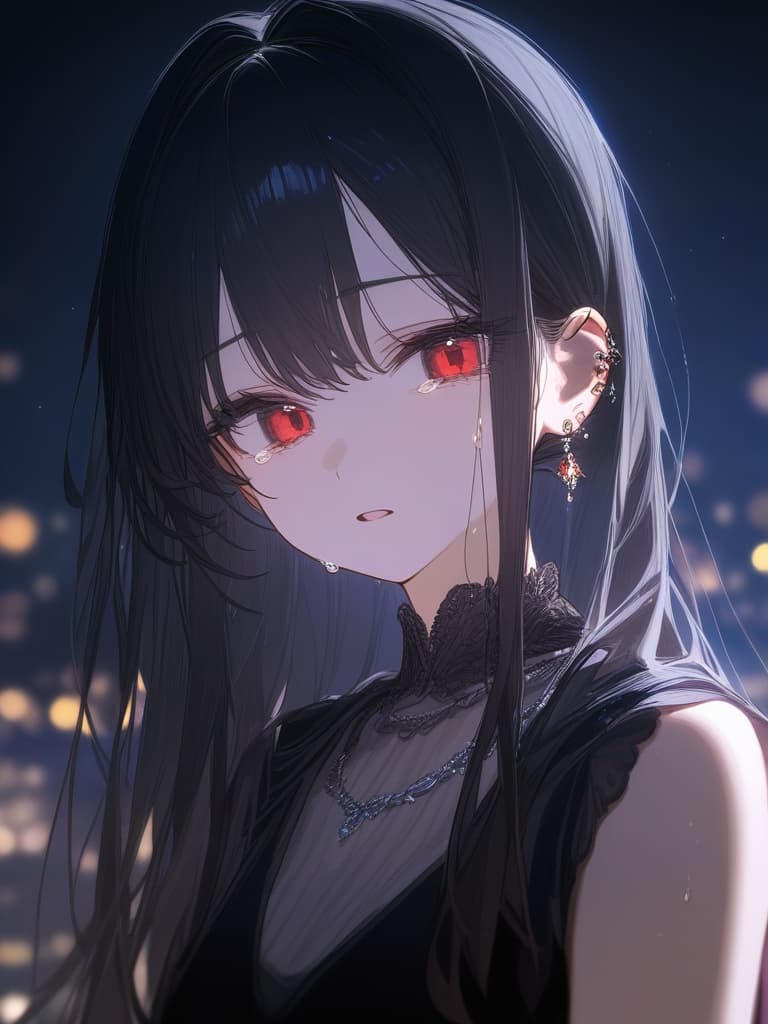  long hair, black hair, hair tips are pink, red eyes, hanging, bangs, and length of bangs, adults, adult faces, piercings, necklaces, thin makeup, night view, hair are light pink and black, crying. there is tears, masterpiece, best quality,8k,ultra detailed,high resolution,an extremely delicate and beautiful,hyper detail