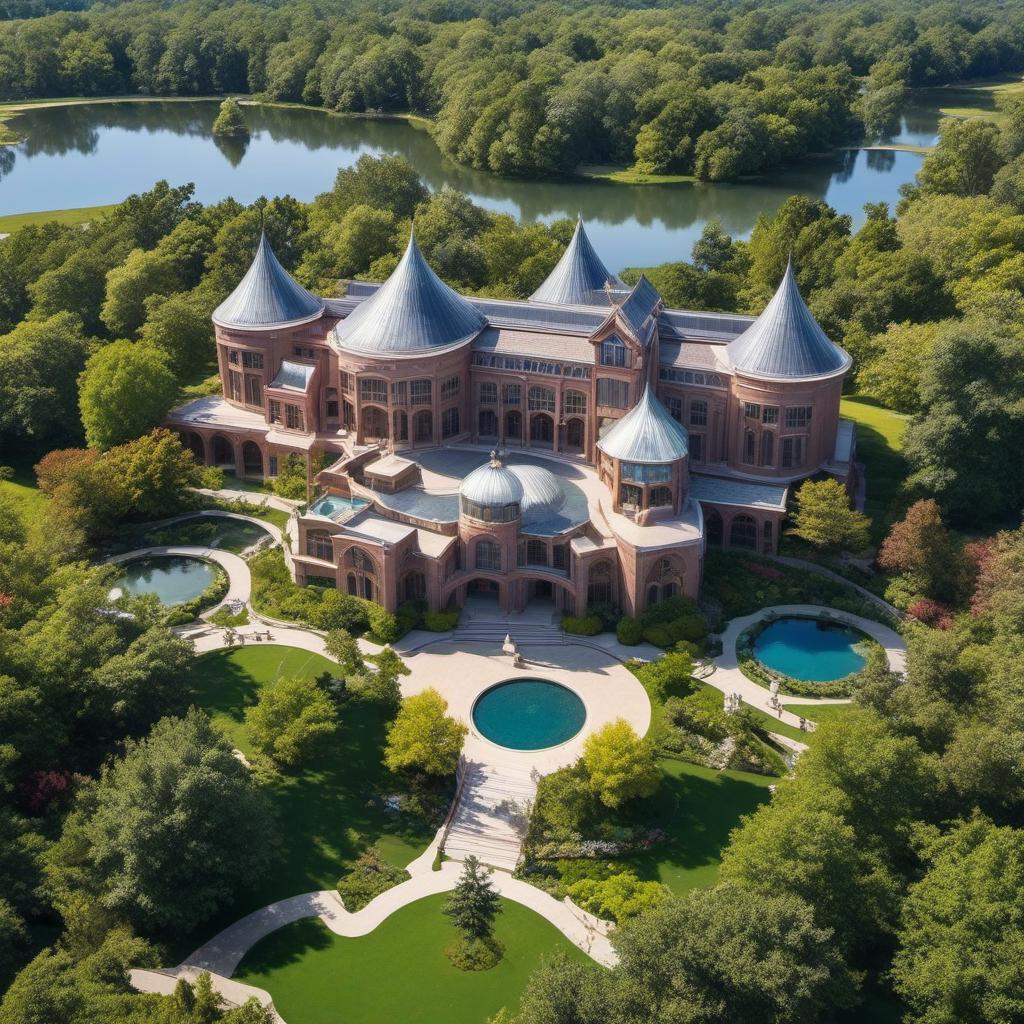  ideal high school exterior aerial over a treehouse and ponds, grand entrance, big arches and windows, mystical style