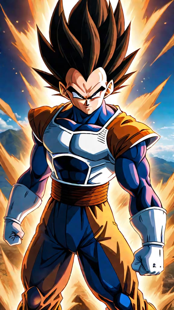  anime art: vegeta's internal battle, torn between pride and power, defines his compelling character in dragon ball z. hyperrealistic, full body, detailed clothing, highly detailed, cinematic lighting, stunningly beautiful, intricate, sharp focus, f/1. 8, 85mm, (centered image composition), (professionally color graded), ((bright soft diffused light)), volumetric fog, trending on instagram, trending on tumblr, HDR 4K, 8K