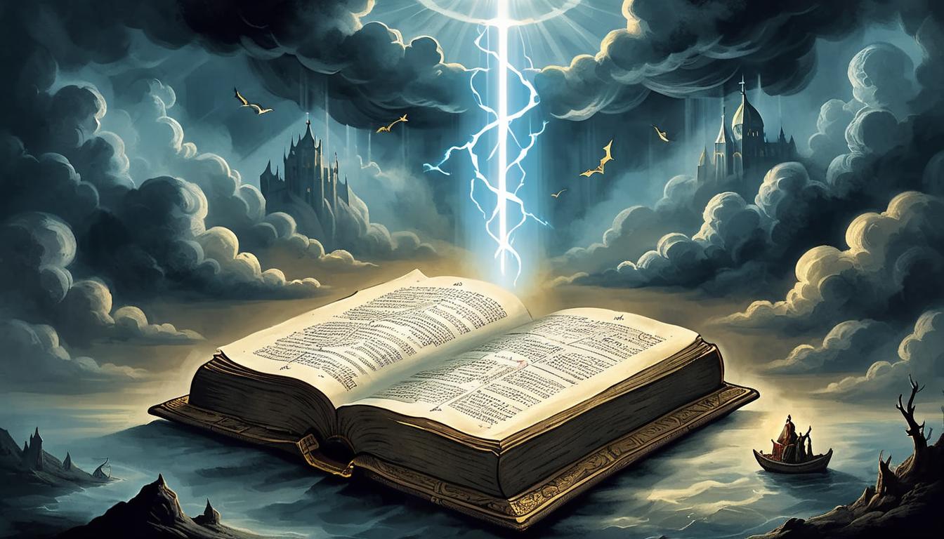  on parchment, surrealism+++, a glowing bible, infused with light, emitting beams that cut through dark clouds, sharp, powerful, divine(mysterious, provocative, symbolic,muted color)+++