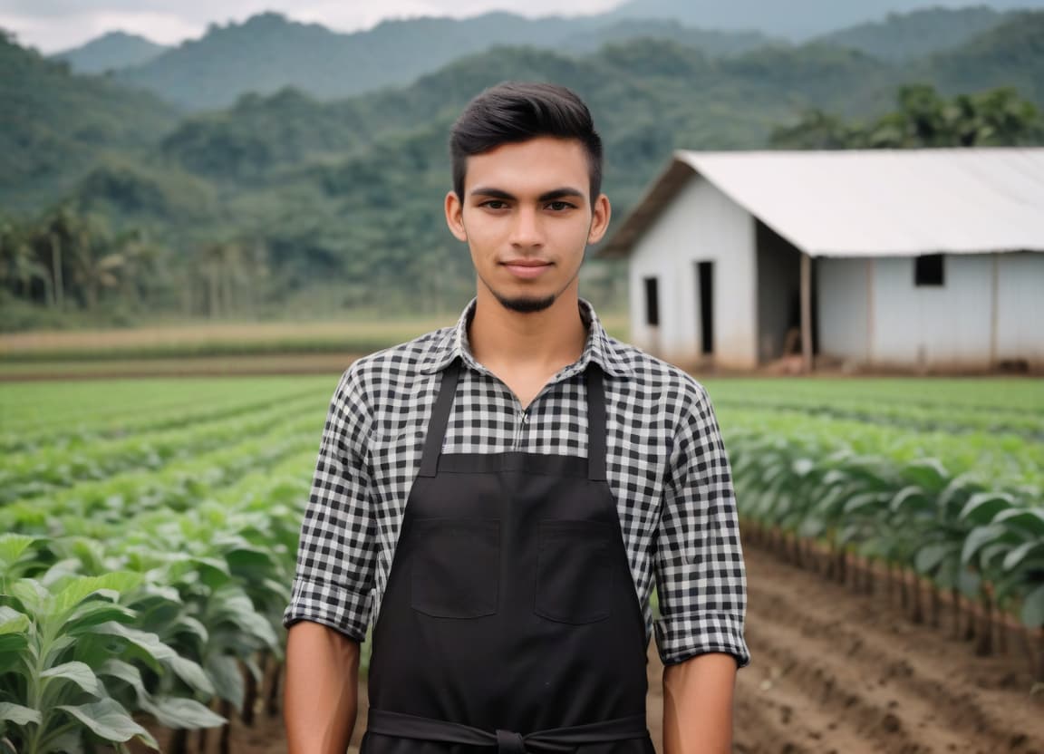  a young farmer in a black apron without pockets, in a checkered shirt, in panama