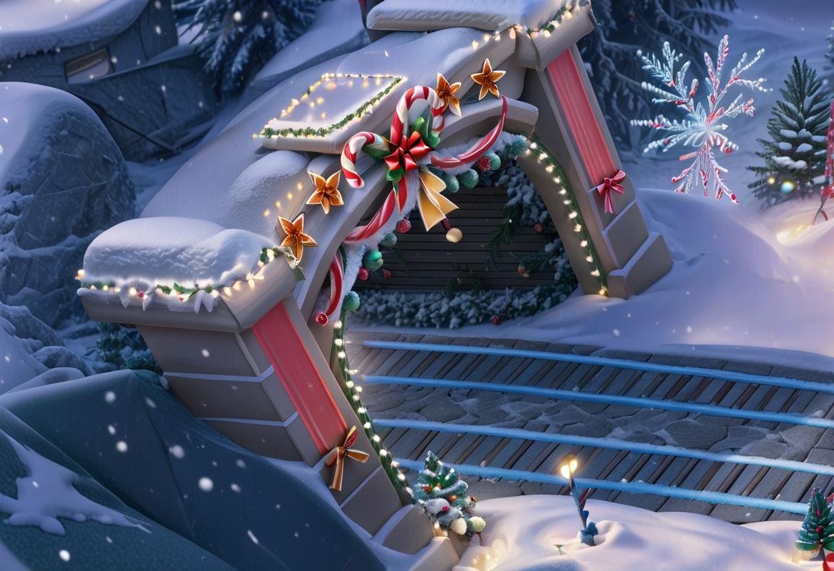  breathtaking an arch made up of candy canes and ornaments, christmas garland with decoration, pine needle and snow on it . award winning, professional, highly detailed, civitai