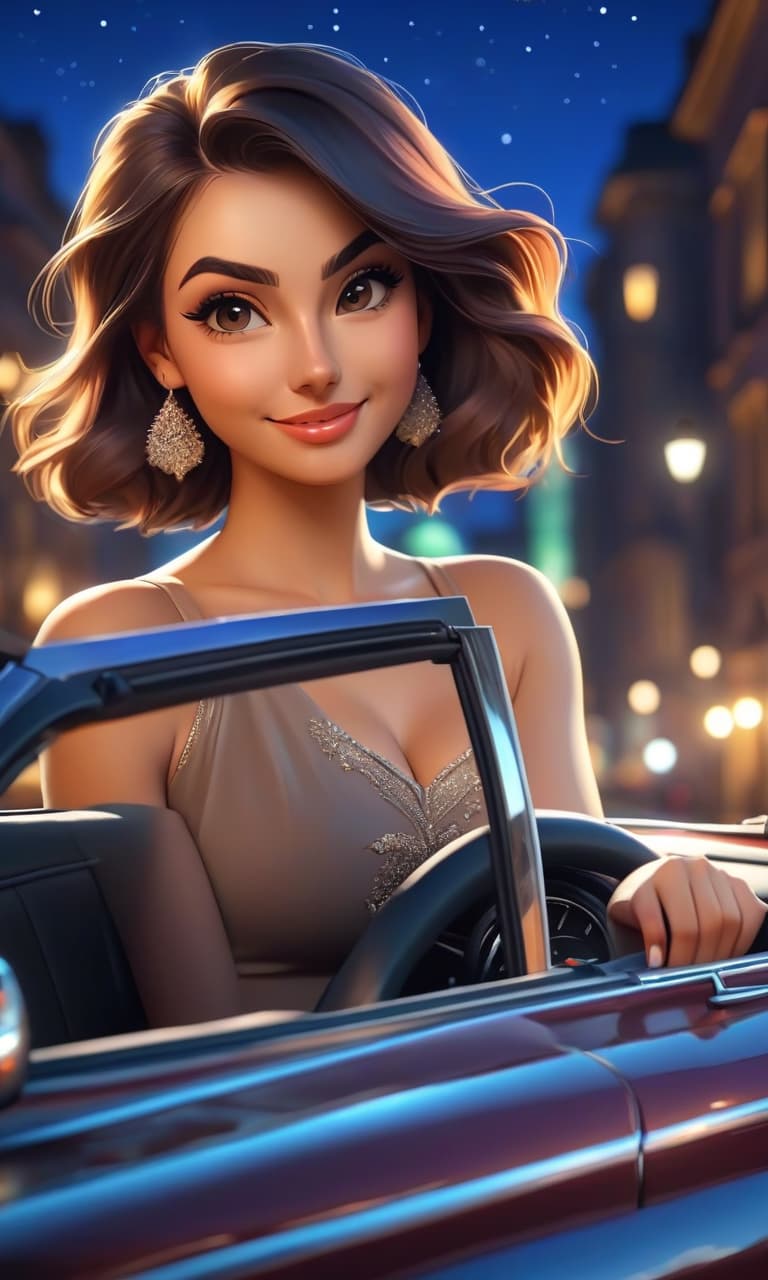  a man is sitting at the wheel of a convertible, next to him sits a beautiful girl, she smiles, in the background of the night city. high detail, 4k, hdr