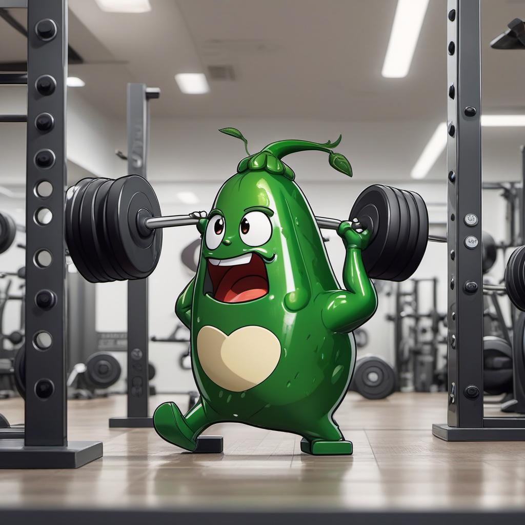  make an cartoon jalapeño struggling to lift weights that are stuck to the floor sweating , anime style, manga style, manhwa style